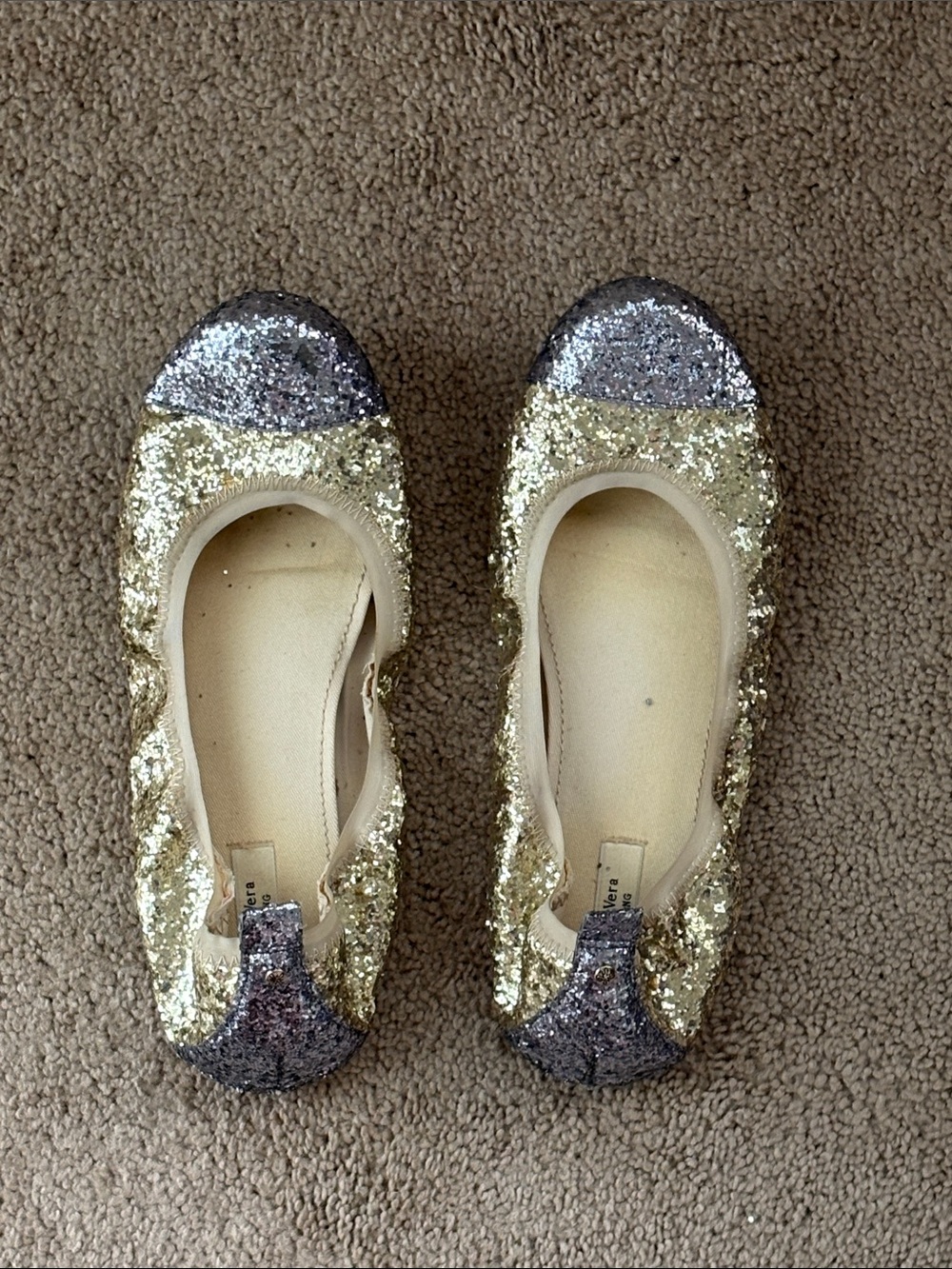 Womens Gold Glitter Ballet Flats with Silver Toe Cap